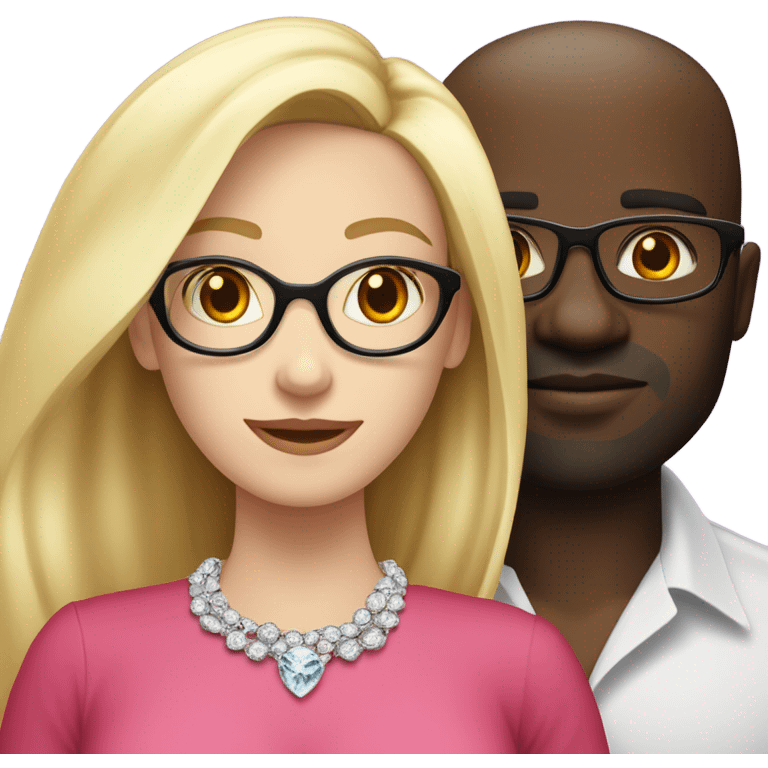 White blonde long hair woman with no glasses in a pink dress and diamond necklace standing next to emoji black man with glasses wearing red shirt glasses standing next to white eoman emoji