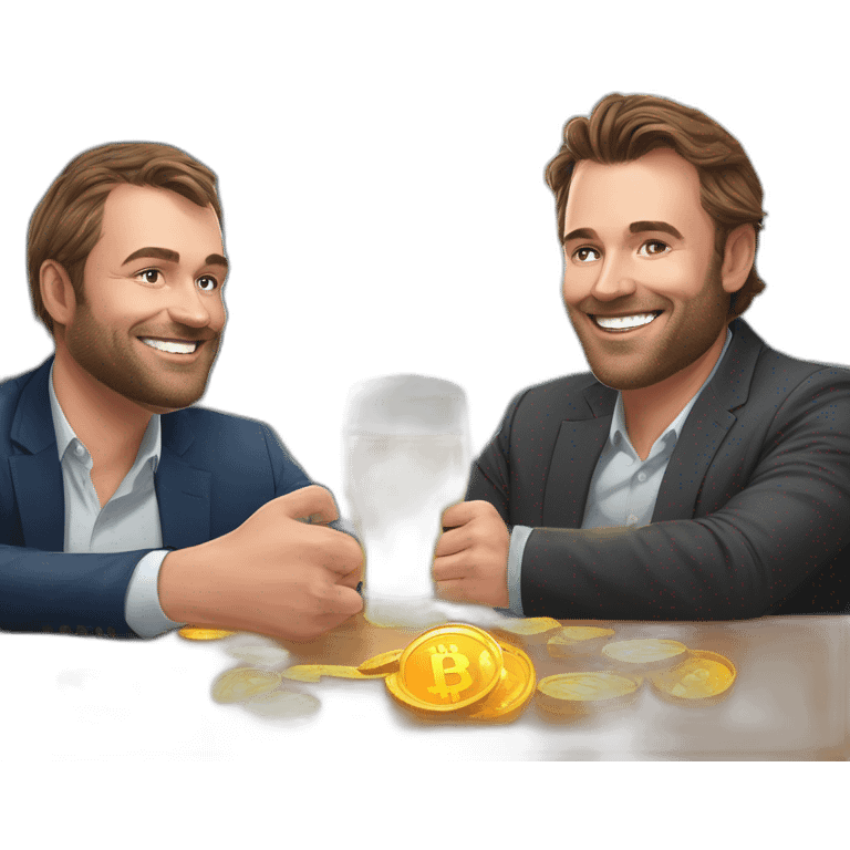 Ceo of coinhouse Nicolas louvet and ceo of cube3 Valentin Demé drinks a beer with bitcoin around him emoji