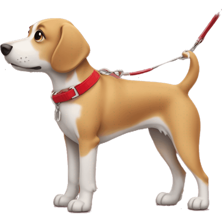 dog wearing red attire on a leash by girl walking in red shirt emoji