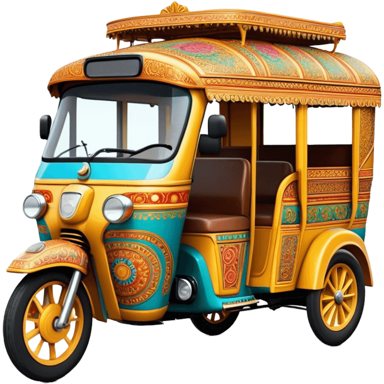 Cinematic Realistic Indian Auto Rickshaw Emoji, depicted as a colorful, bustling auto rickshaw with intricate designs and vibrant hues, rendered with lively textures and dynamic urban lighting that captures its quintessential presence in Indian cities. emoji