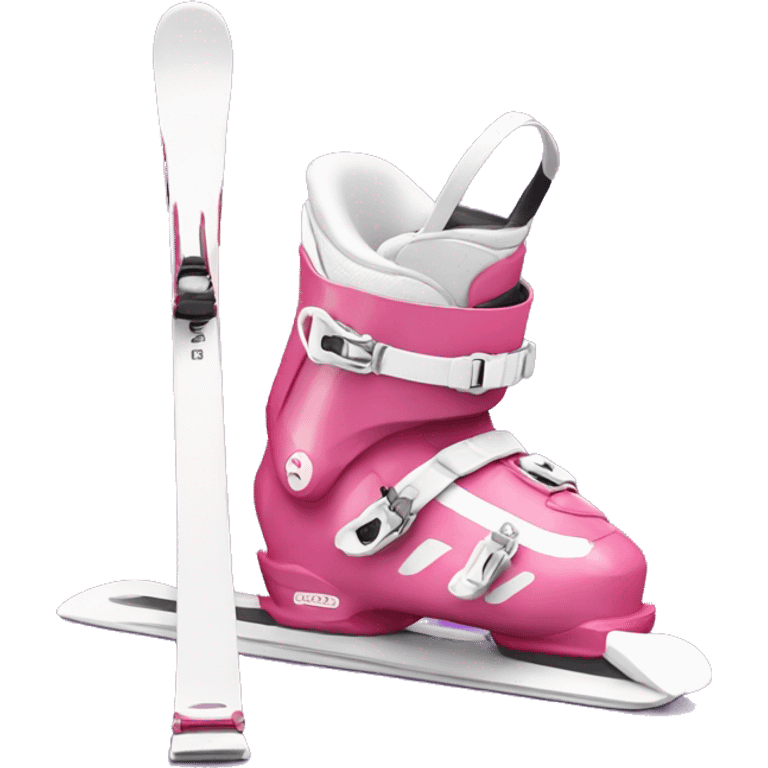 Pink ski boots and white standing skis behind boots emoji