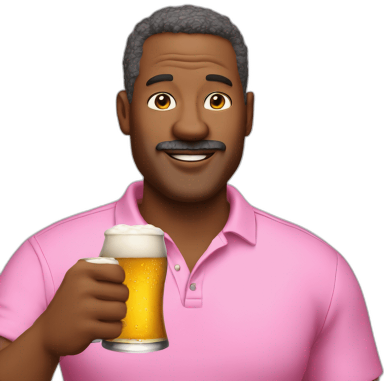 a male 50 year old in pink polo shirt is drinking beer. emoji