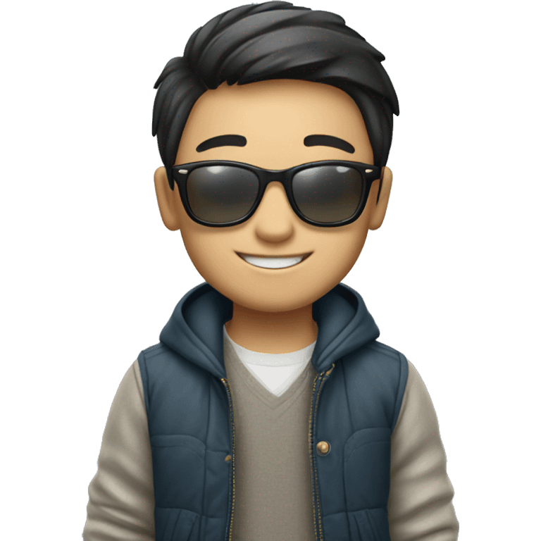 chinese smiling boy in stylish outfit with ray-ban emoji