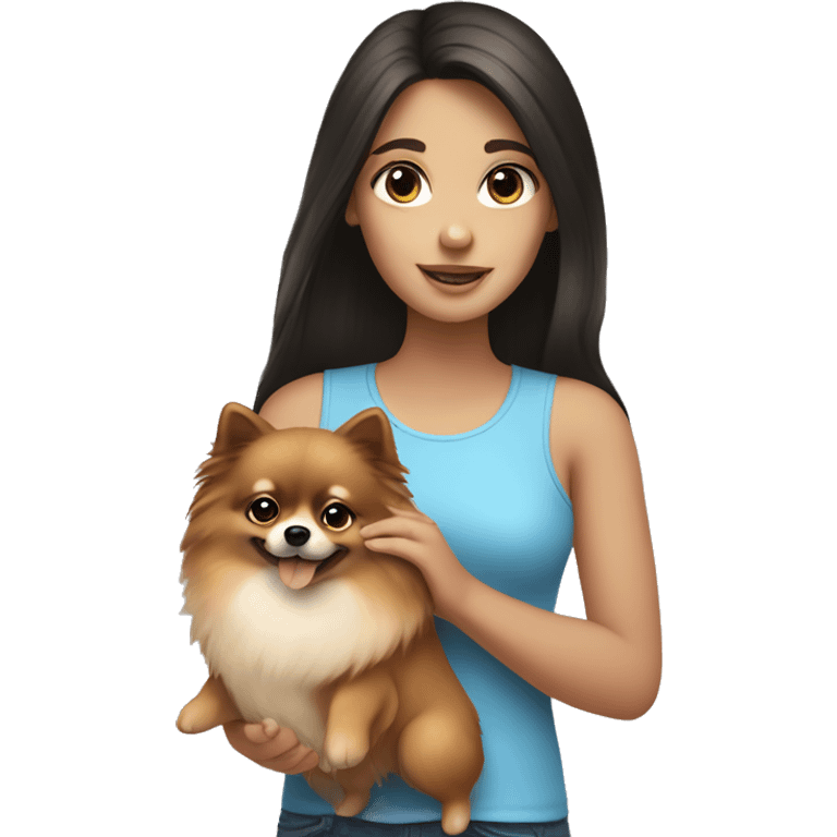 girl with dark hair and blue eyes with pomeranian dog in hands emoji