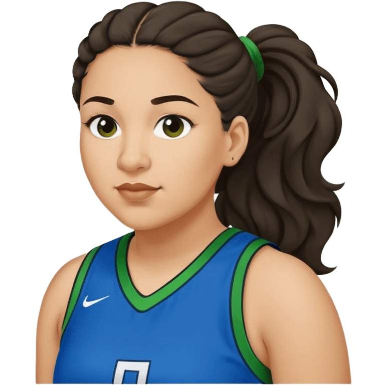  plus size light skin latino women basketball player with wavy dark hair in pony tail flat wide nose wearing blue green  uniform emoji