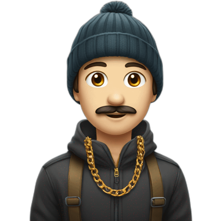 A boy with moustache and wearing golden chain in neck and a winter cap potrait  emoji