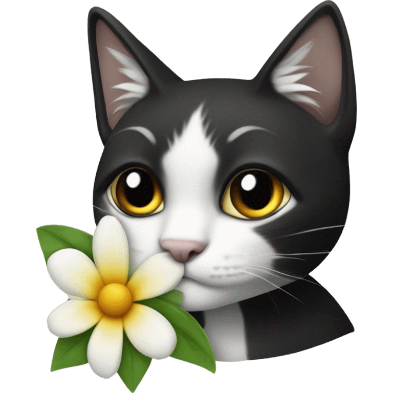 Gatito negro y blanco con una flor emoji