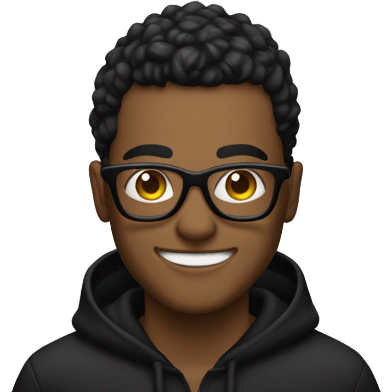 Hacker in all black with glasses and hoodie smiling emoji