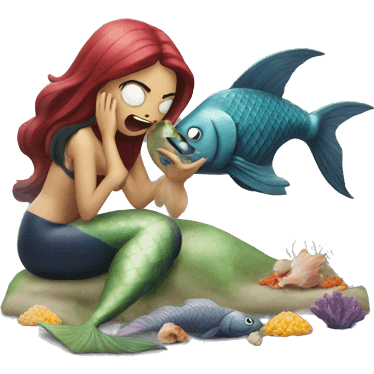 mermaid devouring fish while man watches emoji