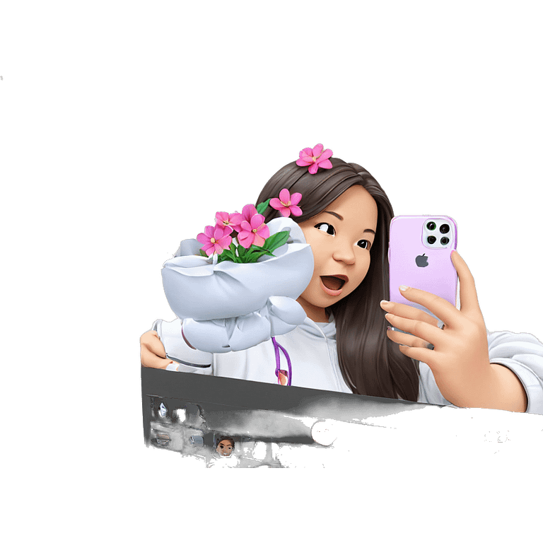 girl taking selfie with flower emoji