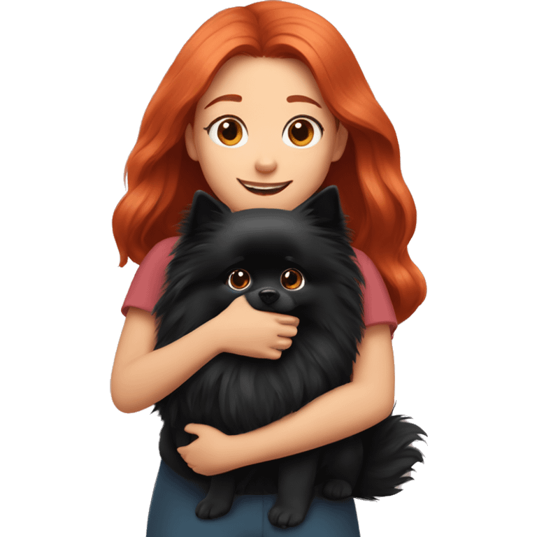 red-haired girl hugs a black pomeranian dog emoji