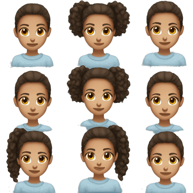 teenage girl, hispanic, freckles, afro brown hair, pony tail, short hair, brown eyes, light blue sweater, winter sweater, freckles, face dots emoji