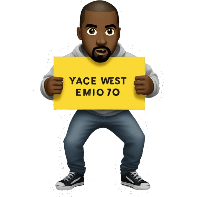 Kanye west holds a yellow sign with tshirt emoji