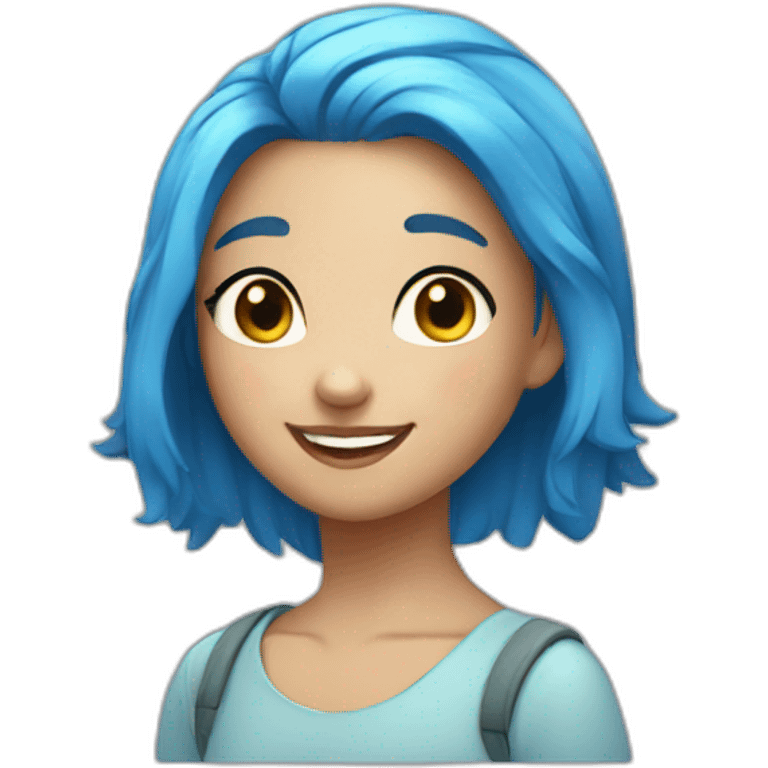 A girl with a blue hair a cute and smiling  emoji