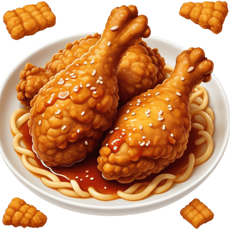 Cinematic Realistic Korean Fried Chicken Dish Emoji, depicted as crispy, golden-fried chicken glazed in a tangy sauce rendered with detailed textures and vibrant, dynamic lighting. emoji