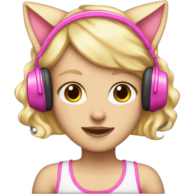 white girl with blonde hair wearing pink headphones that have cat ears emoji