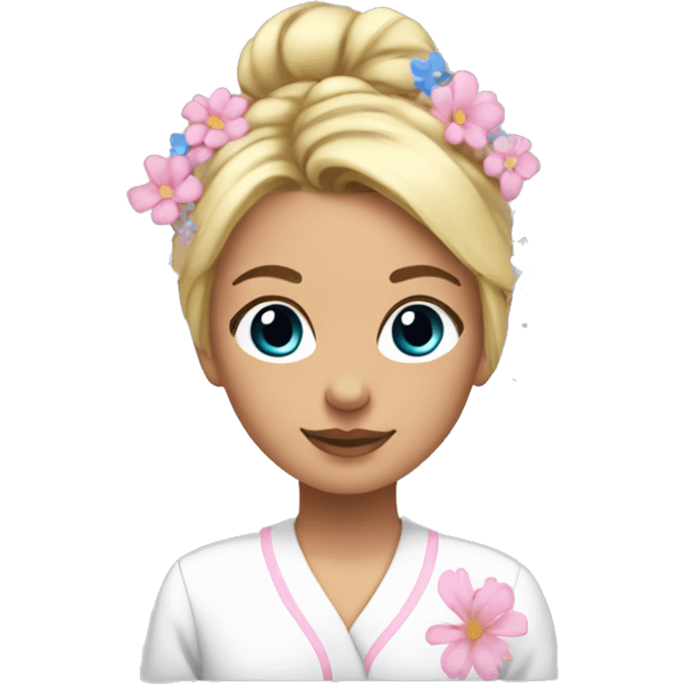 Blonde girl in white pyjamas with pink and blue flowers and her hair in a bun at the top of her head emoji