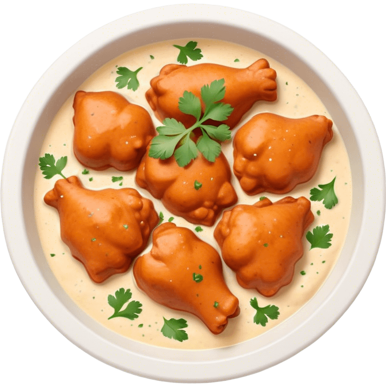 Butter Chicken Cinematic Realistic Butter Chicken Dish Emoji, depicted as tender chicken pieces sliced up and bathed in a creamy white sauce garnished with fresh cilantro, rendered with rich textures and vibrant, appetizing lighting. emoji