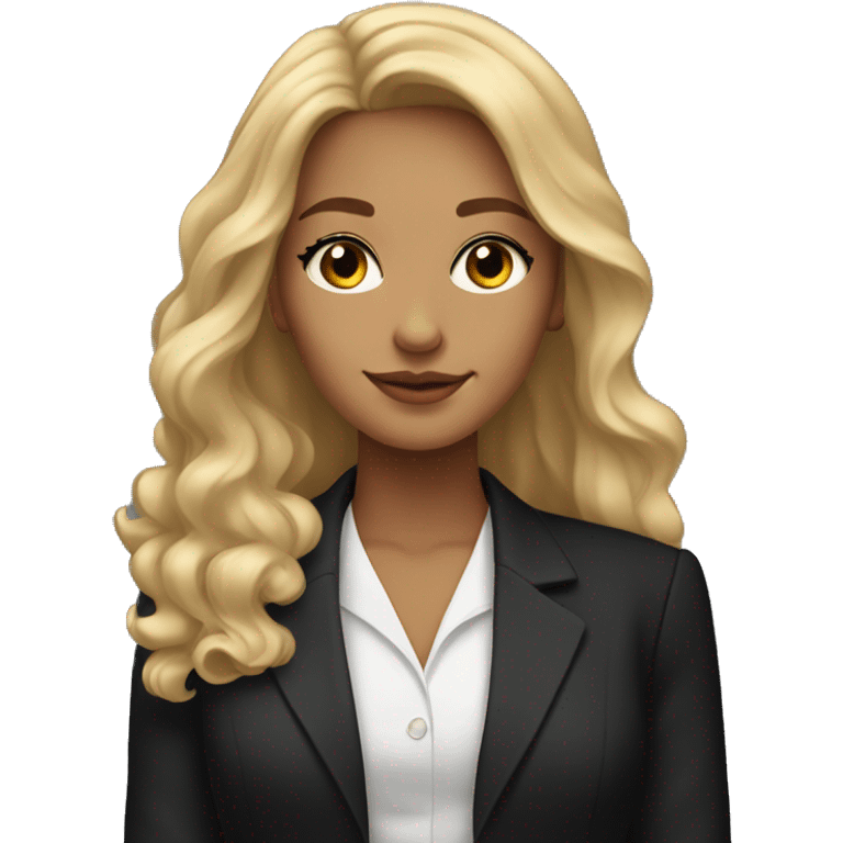 A professional young woman with long, wavy blonde hair, brown eyes,dressed in a black blazer over a white blouse. emoji