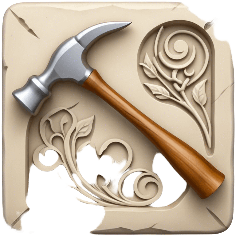 Carving icon, stone, bone, and horn being carved with chisels, fine detailed patterns visible, carving tools like hammer and chisel, minimalistic style, clean lines, transparent background. emoji