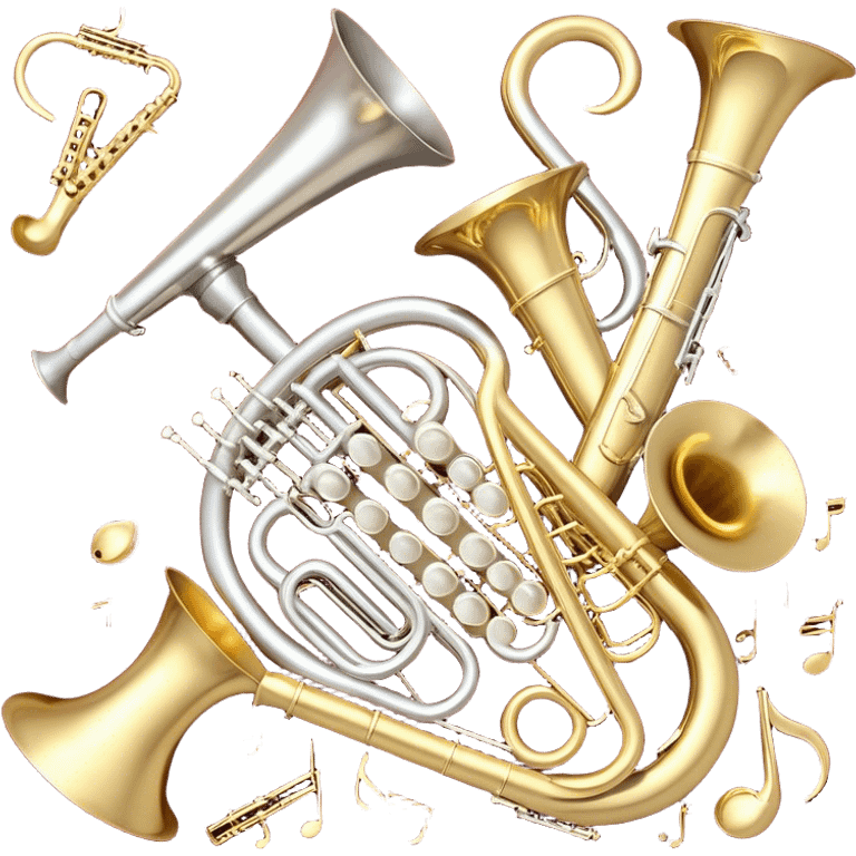 Create a festive and elegant emoji collage featuring a bouquet or fan of bells of wind instrument  (trumpets, saxophones, trombones, tubes, etc.) arranged in a radiant, symmetrical pattern. The instruments should have polished, golden and silver finishes, with their large, shiny bells forming a beautiful, fan-like display. Include a flowing ribbon of musical notes swirling through the center, conveying movement and melody. The background should feature a deep red velvet texture, adding a touch of luxury and sophistication. The overall composition should be balanced, with an elegant and regal feel, with a transparent background to keep focus on the instruments and musical elements. emoji