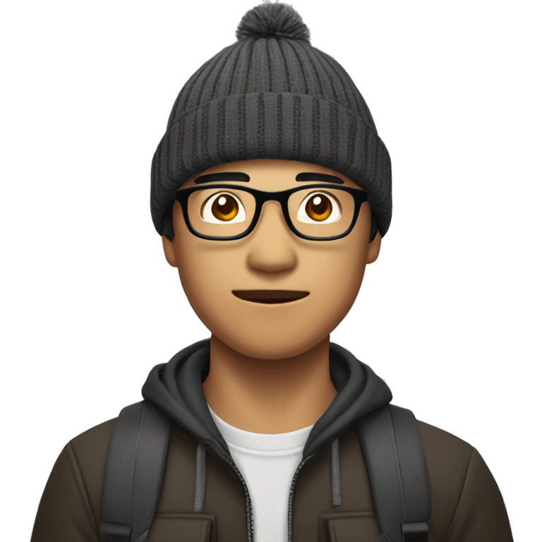 A Asian man wearing a beanie and glasses, holding a camera. emoji