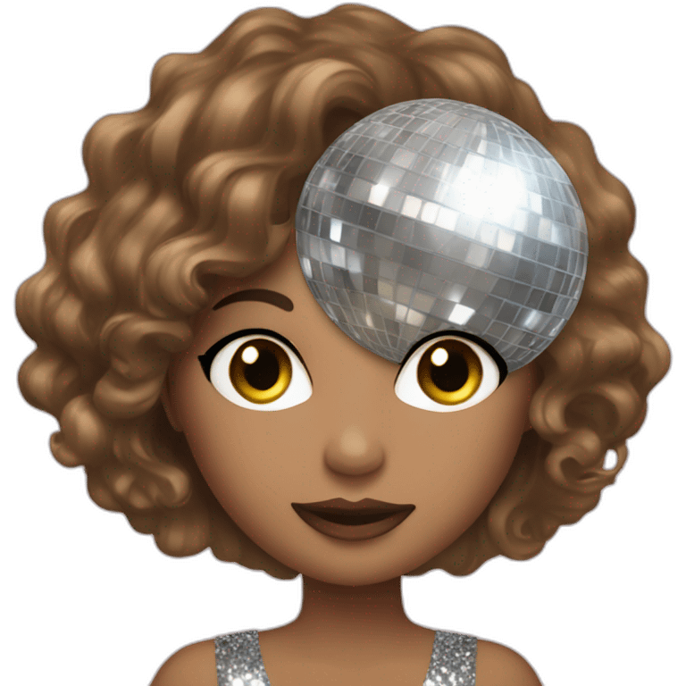 female with brown wavy hair dressed in a glitter dress and makeup, with disco ball emoji