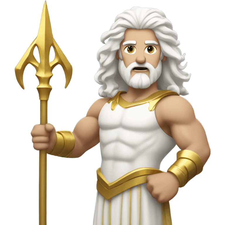 white Poseidon with gold Trident. long white hair white dress. show biceps muscle emoji