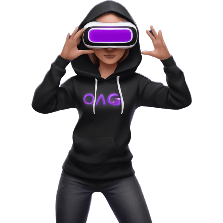 Russian girl wearing black hoody with violet letters "OMG", in vr headset oculus quest2. Standing like jedi. Cyberpunk style. Violet neon. emoji