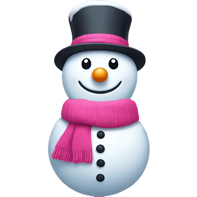 Smiling pink snowman with a small hat and scarf, surrounded by snowflakes emoji