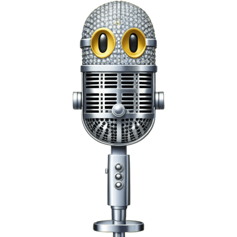 Create a glamorous and vibrant emoji representing stage vocal performance. The design should feature a classic vintage microphone at the center, surrounded by humanless an eye-catching stage costume covered in rhinestones, sparkling brightly. The costume should be stylized, with glittering elements like sequins and sparkles, and reflect the glitzy, extravagant nature of show business. The microphone should have a sleek, retro look with chrome or metallic accents. Use rich, dazzling colors like gold, silver, deep purple, and bright red to evoke the glamorous, larger-than-life feel of a stage performance. The background should be transparent. emoji