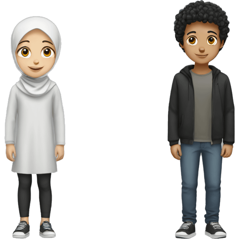 White Young boy with curly black hairs with girl wear a hijab  emoji