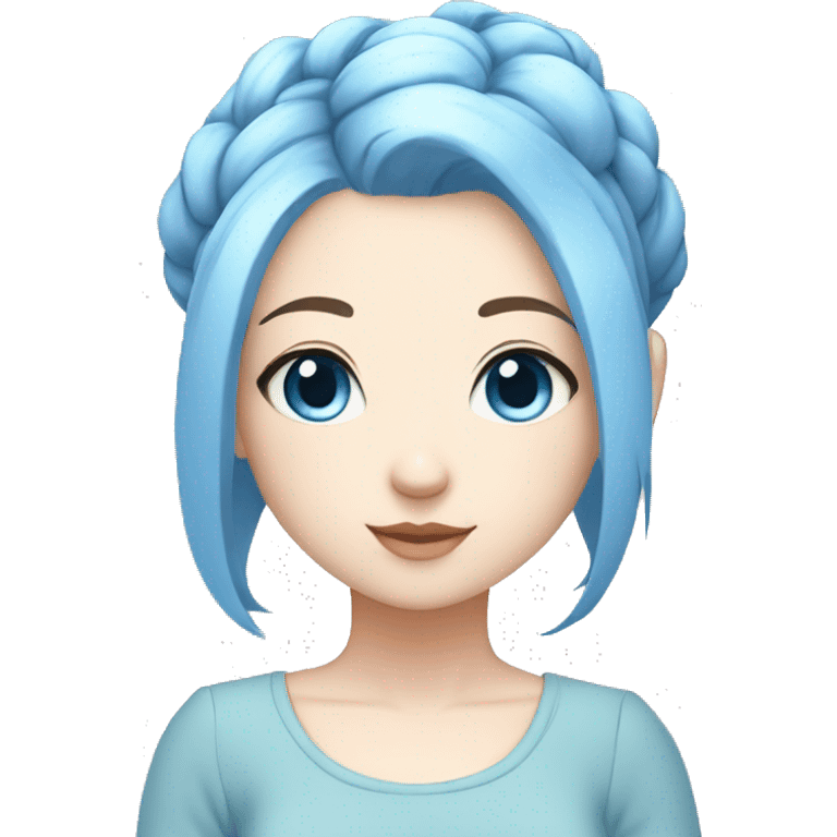 A chibi girl with pale skin, blue hair, light blue eyes, two bun hair, and blue clothes emoji