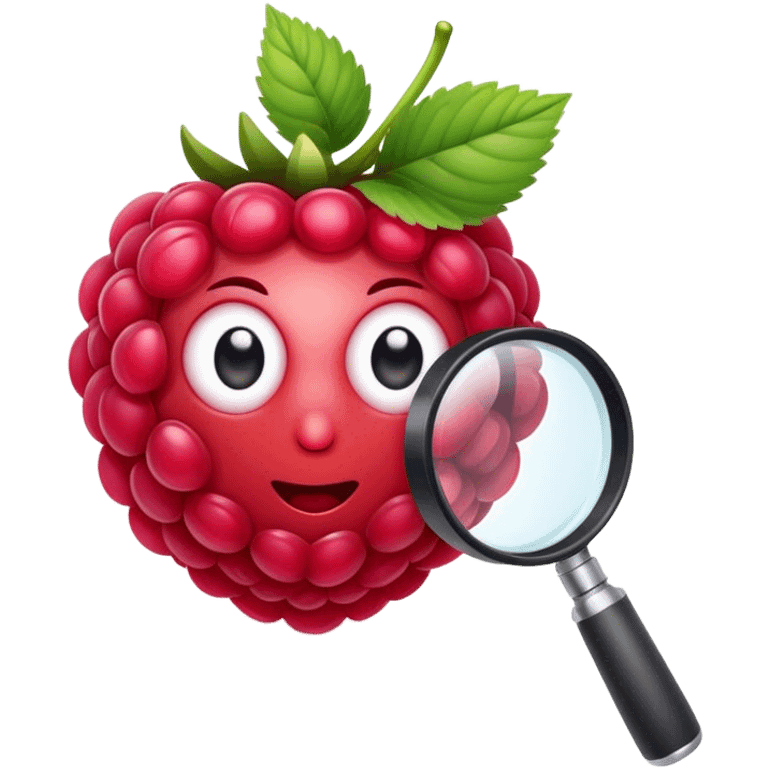 A raspberry holds a magnifier in a square app logo emoji