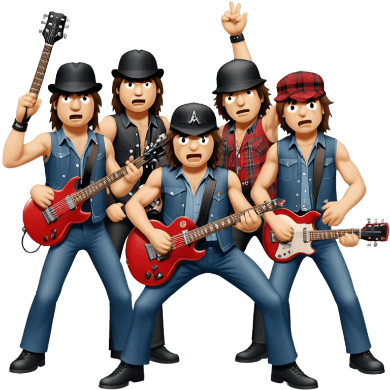 Cinematic Realistic AC/DC Band Emoji, depicted as a high-energy rock ensemble with electrifying stage presence and gritty textures, rendered with bold vibrant lighting that captures the raw power and rebellious spirit of their music. emoji