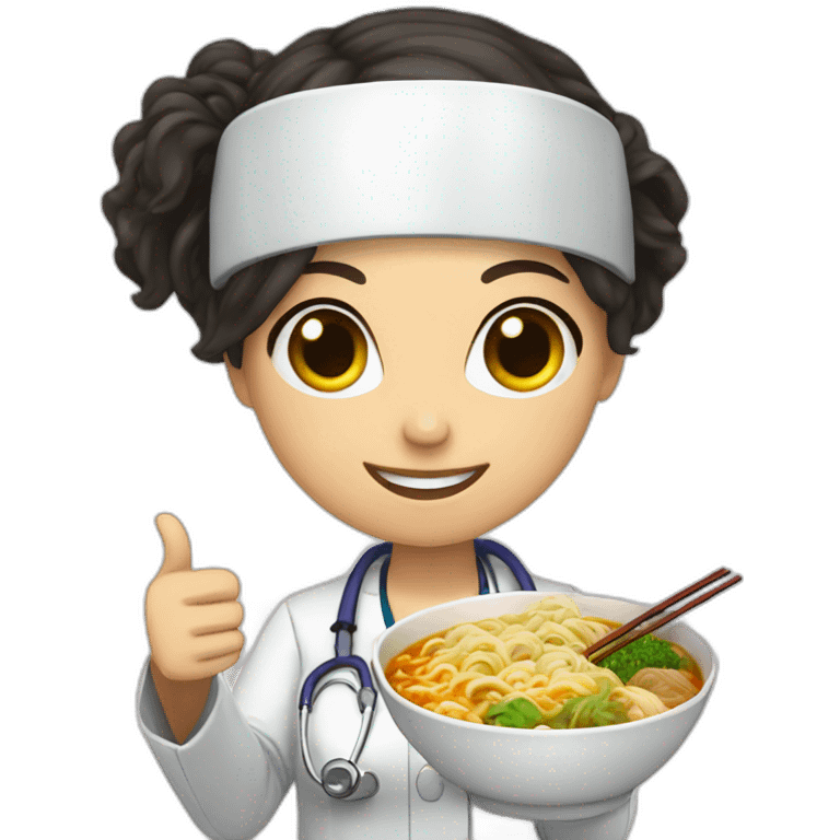 female doctor with dark hair eating ramen bowl with thumbs up emoji