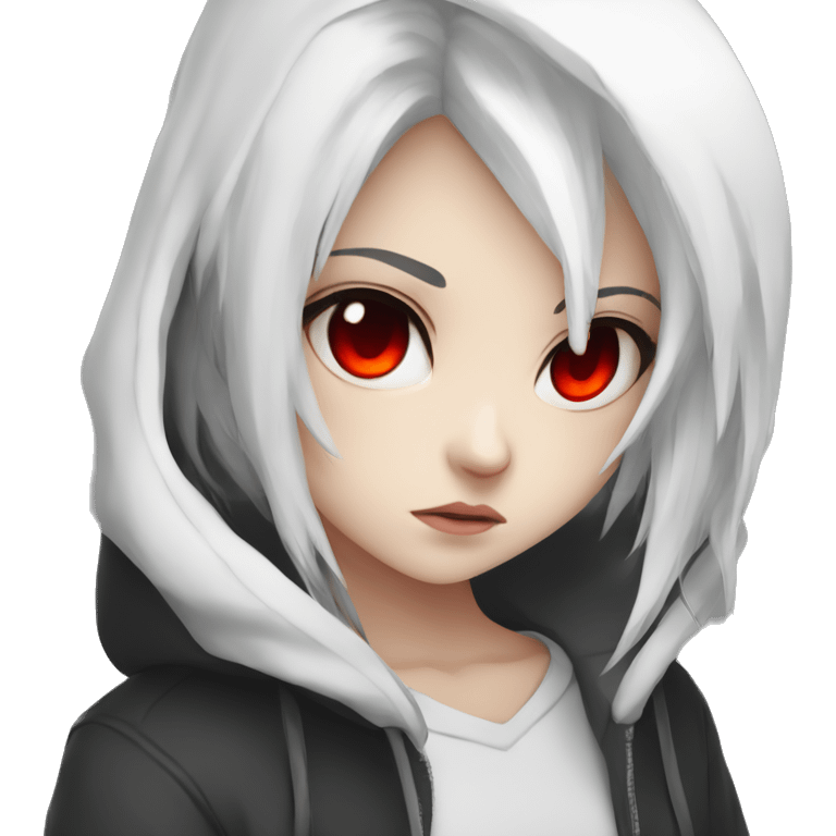 angry white-haired gamer girl with red eyes in a black hoodie, anime style emoji