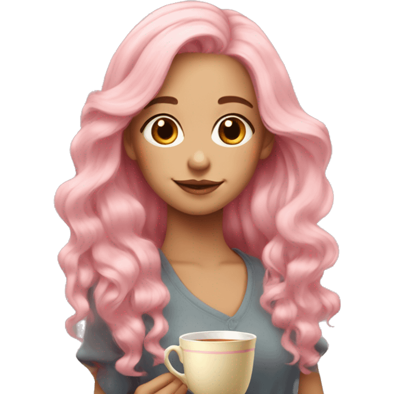 Very beautiful girl with very long with soft pink hair with a palette of colors and tea emoji