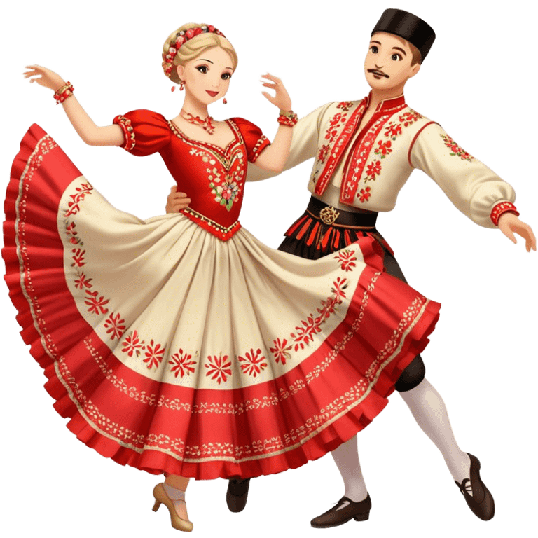 Cinematic Realistic scene of two dancers performing the Mazurka, dressed in vibrant traditional Polish costumes with intricate embroidery and flowing skirts, captured in graceful motion with warm, festive lighting emoji