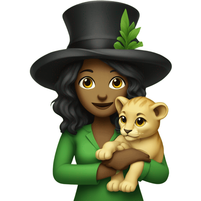 Green woman with pointy black hat holding a baby lion cub emoji