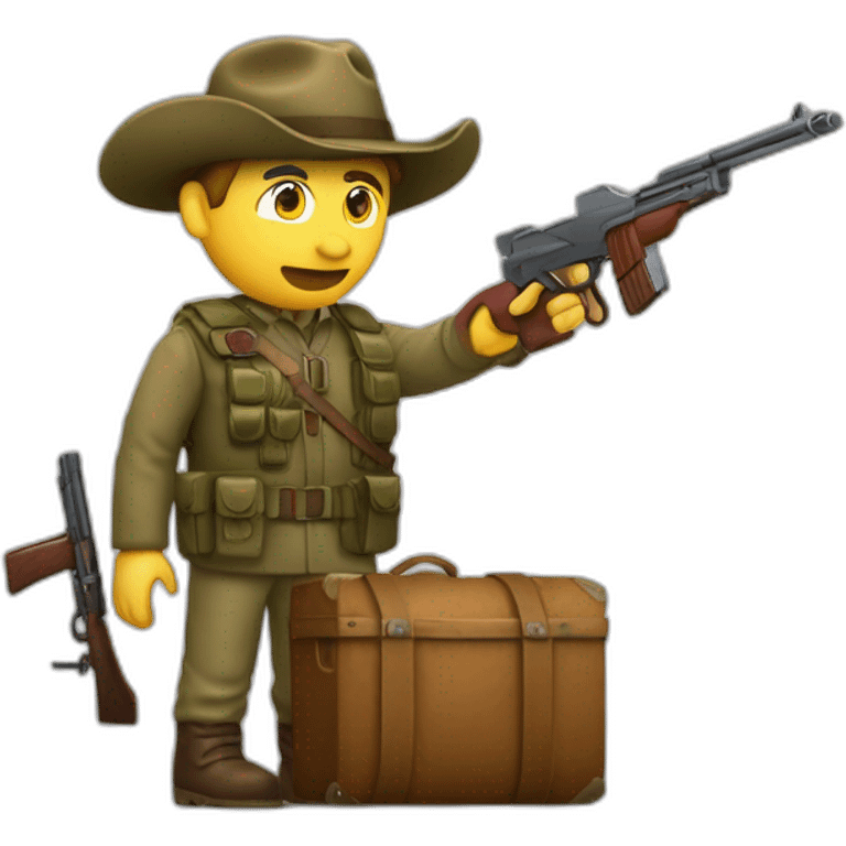 Un chasseur avec un fusil à la main et une bouteille de vin rouge dans l’autre main  emoji