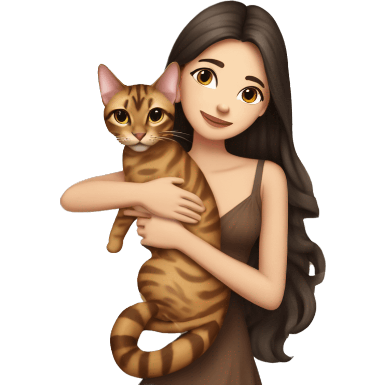 Beautiful skinny woman long dark brown hair in dress hug bengal cat emoji