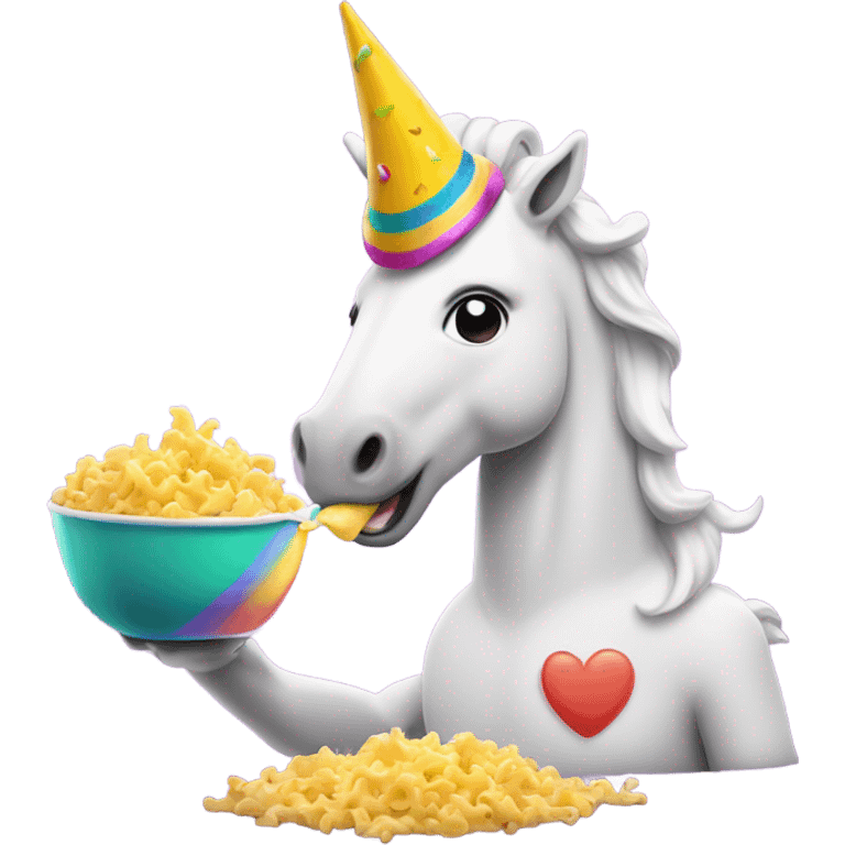 Unicorn eating Mac n cheese with a party hat emoji