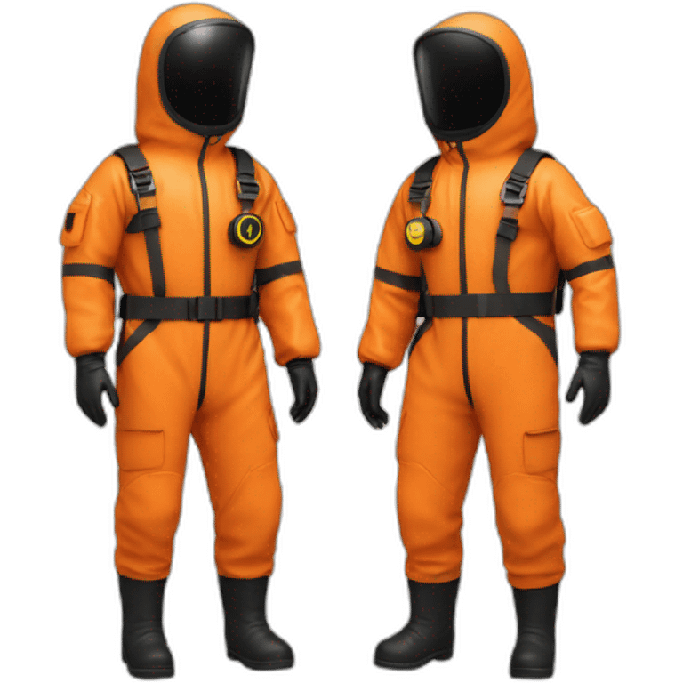 2 persons in orange Orange hazmat suit, black boots, belt with pouches emoji