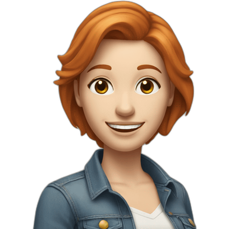 redhead white woman with medium long straight hair, greets smiling, with jeans and romantic blouse emoji