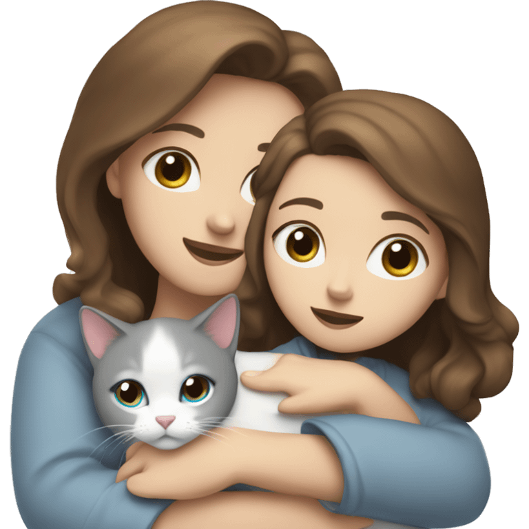 A girl with brown hair and blue eyes hugs a white-gray cat emoji