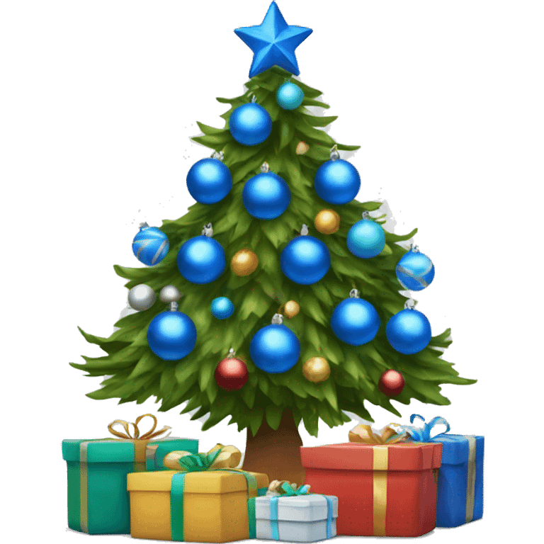 Christmas tree with blue ornaments, lights and with gifts wrap under the tree emoji