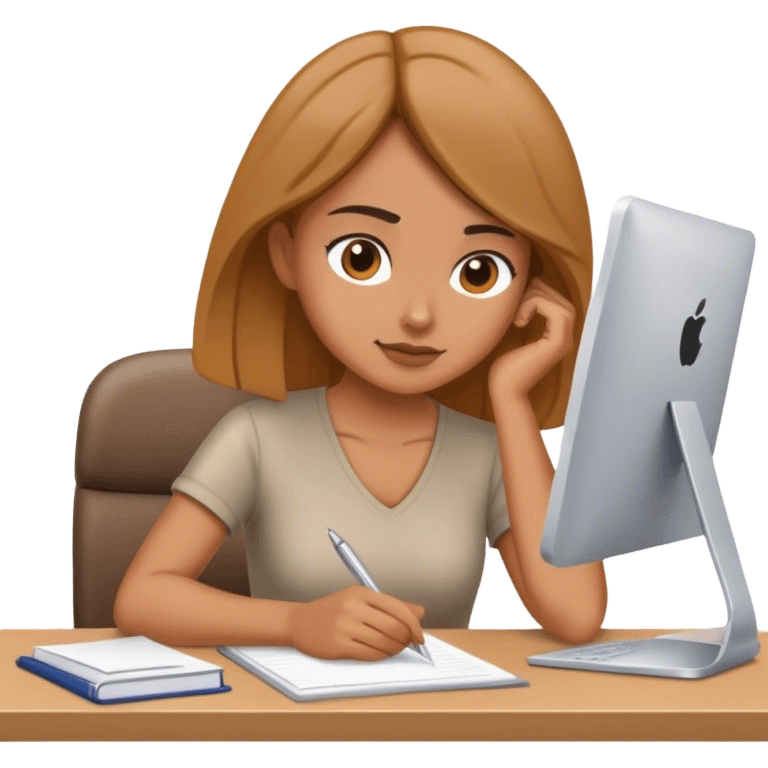 Woman sitting at a desk, working hard emoji