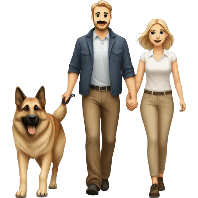 Couple walking two dogs. German shepherd. Anatolian shepherd  emoji