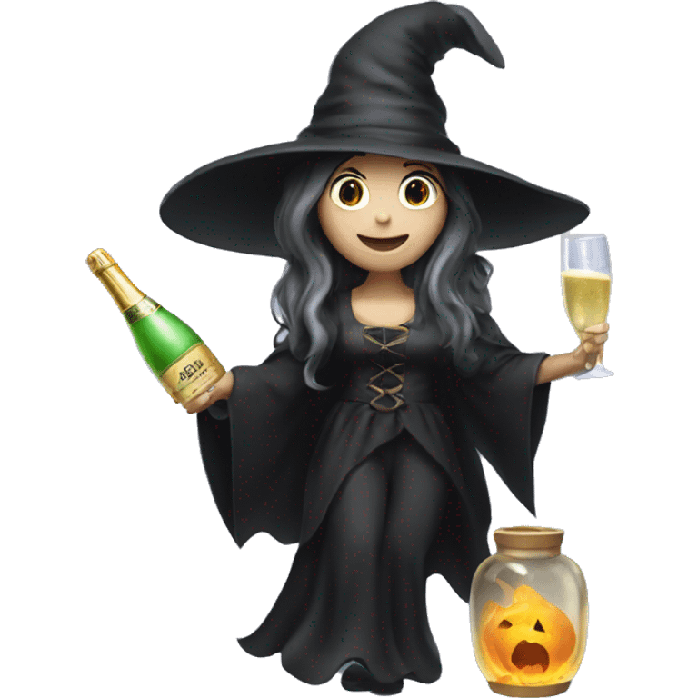 Witch, white skin, long hair, Popping Champagne Bottle emoji